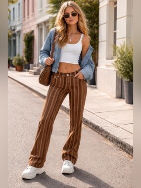 VINTAGE Y2K Low Rise Brown Stripe Corduroy Pants Sz 2-4 Boho Festival Desert
